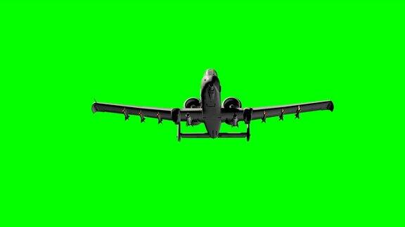 近距离的武装雷电军用地面攻击飞机在飞行-绿色屏幕