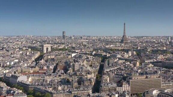 夏日巴黎城著名的拱门和塔楼中心区航拍全景4k法国