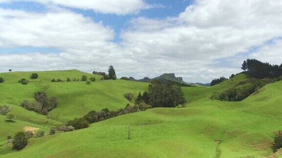 航拍:在新西兰美丽葱郁的绿色景观上空飞行有绿色的草地和高山