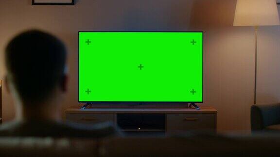 戴眼镜的年轻人正坐在沙发上看水平绿色屏幕模拟电视现在是晚上家里的房间有工作灯