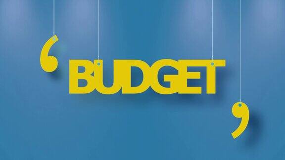 预算文本在黄色悬挂与字符串在蓝色背景4K分辨率