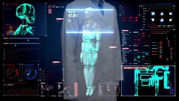 医生触摸数字屏幕扫描机器人半机械人数字界面人工智能