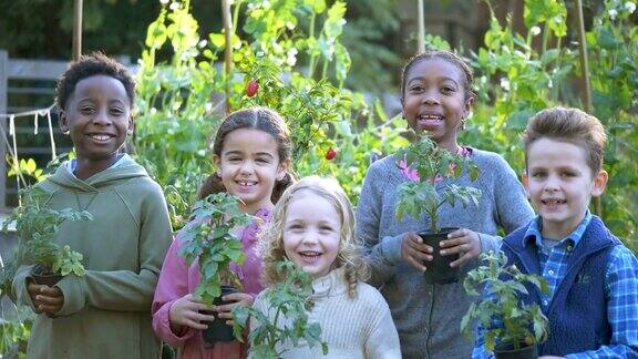 多种族儿童一起站在社区花园