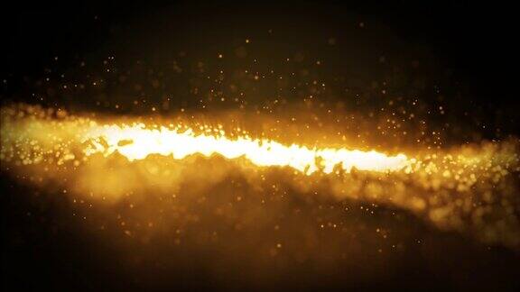 抽象的金黄色发光粒子燃烧与火的效果在外太空背景4K连续视频