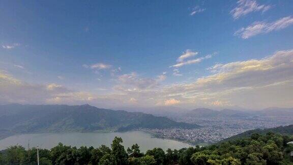 博卡拉尼泊尔湖日落云景时间流逝广角