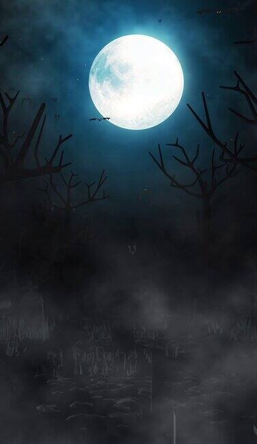 万圣节的背景与蝙蝠坟墓在雾蒙蒙的夜晚幽灵与梦幻般的大月亮在天空中