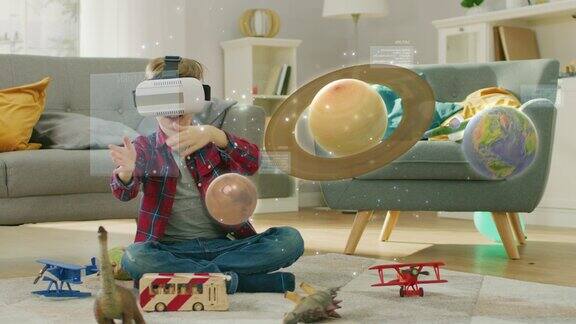小男孩戴着VR眼镜探索太空