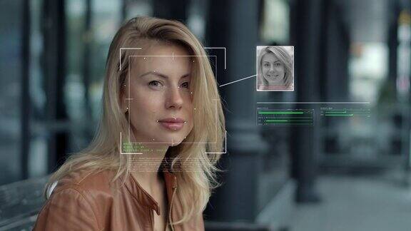 使用面部识别的现代技术生物特征肖像人的脸Id年轻美丽的女性高科技3d检测虹膜未来扫描网络安全防护人员4k特写镜头