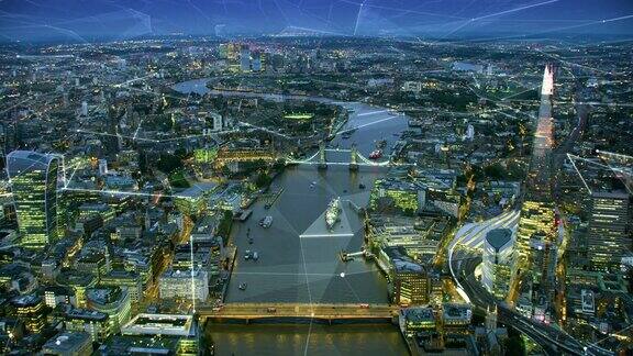 伦敦金融区的未来主义鸟瞰图连接城市技术网络概念伦敦英国物联网人工智能在8k用红色武器拍摄