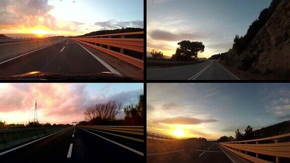 夕阳西下在意大利托斯卡纳的高速公路上开车