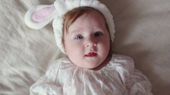 可爱的小女孩在复活节打扮成兔子