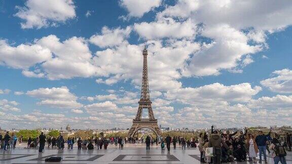 法国巴黎时光流逝4K埃菲尔铁塔和特罗卡德罗花园的城市时光流逝