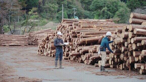 两名林务员在木材分类设施测量倒下的木材