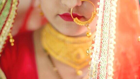 美丽的印度新娘穿着传统服装看着镜头