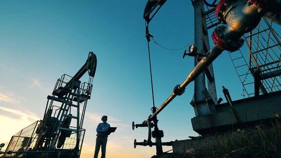 石油工人检查两个原油泵千斤顶
