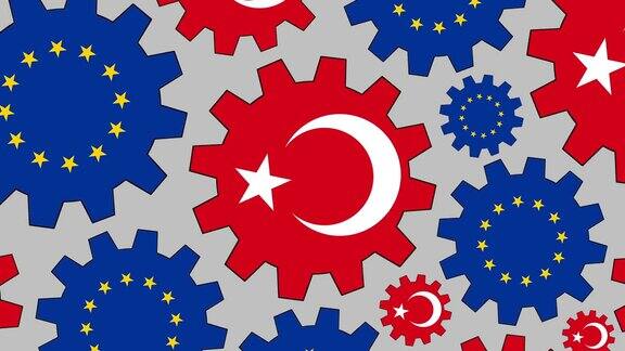 欧洲和土耳其国旗齿轮旋转背景缩小