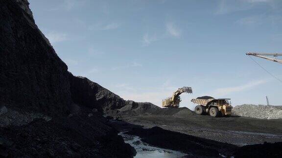 露天深煤矿重型机械在蔚蓝的天空下作业