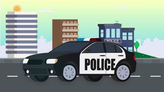城市里的警车交通警察在路上巡逻的动画
