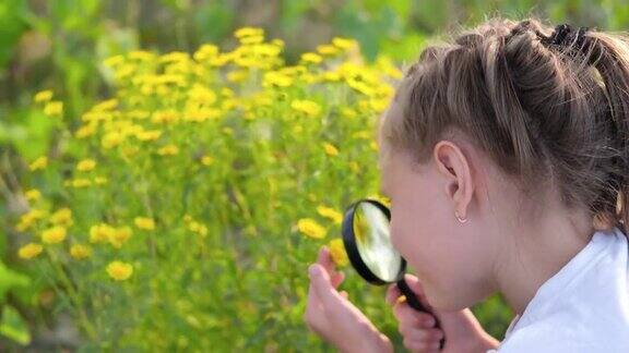 一个小女孩用放大镜看花一个孩子用放大镜观察植物