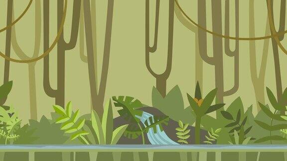 动画背景绿色的丛林森林与河流平面动画视差镜头