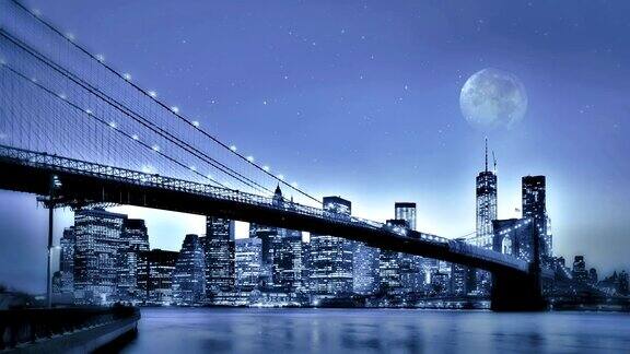 月亮的夜晚曼哈顿市中心布鲁克林大桥
