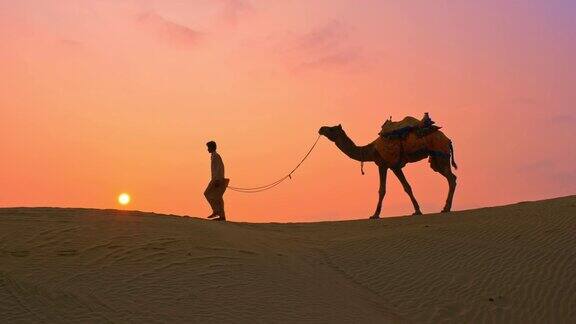 日落时分在塔尔沙漠的沙丘上骑骆驼的印度贝都因人拉贾斯坦邦旅游旅游背景探险旅行印度拉贾斯坦邦斋沙默尔
