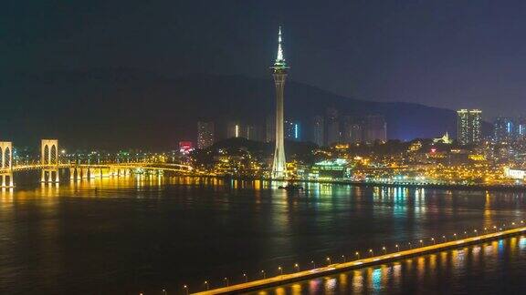 中国夜灯著名澳门塔氹仔大桥路全景4k时间流逝