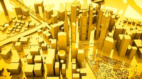 抽象动画的一个相机移动周围的黄色城市建筑循环