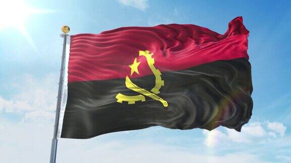 深蓝色的天空中飘扬的安哥拉国旗国家主题国际理念3D渲染无缝循环4K