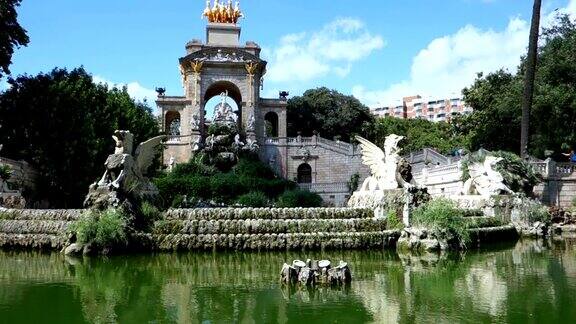 西班牙巴塞罗那Ciutadella公园的喷泉倒影