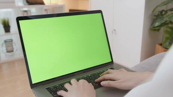 处理女人用笔记本电脑看绿色屏幕的照片