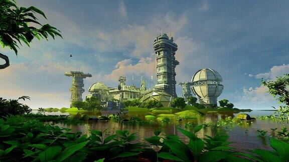幻想基地是一个绿色的星球周围环绕着绿色的树木和水