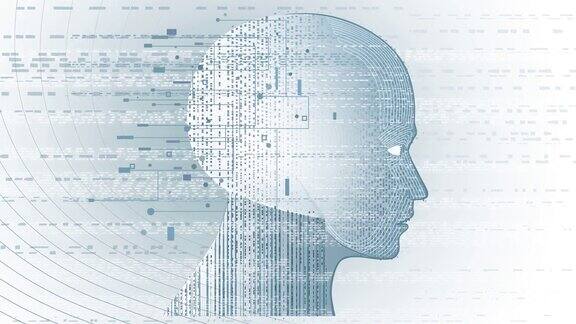 未来的人类头部与蓝色数字数据流和白色背景人工智能概念
