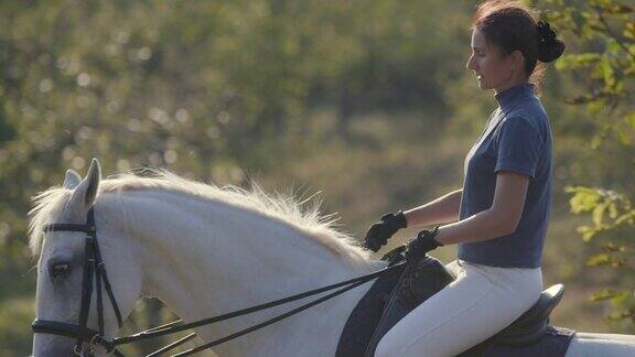 女人骑着白马快步前进
