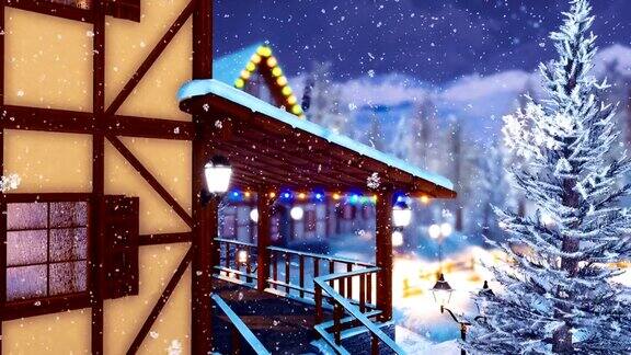 雪夜的半木制高山房屋特写