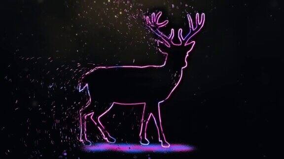 4K视频动画鹿的美丽轮廓配合霓虹照明和解体效果动物轮廓与霓虹灯效果和发光光隔离在黑色背景