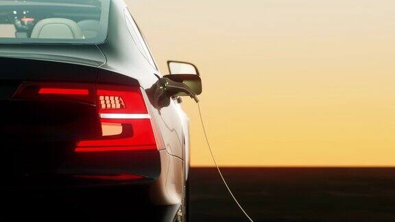 在日落时为电动汽车充电的特写镜头