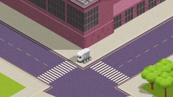 自动送货机器人过马路二维平面动画与颗粒效果自动送货车是指自动驾驶