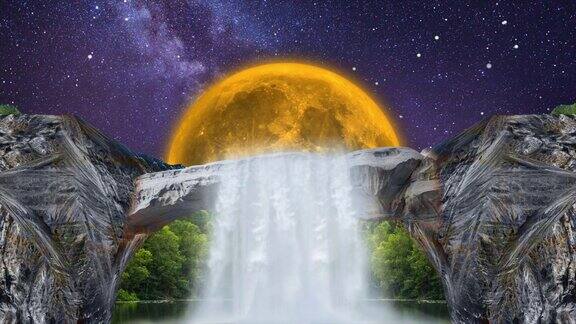 美丽的夜晚幻想山景瀑布和满月