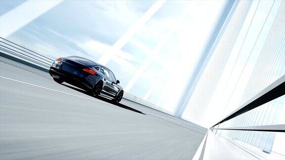 桥上黑色跑车的3d模型开车非常快现实的4k的动画