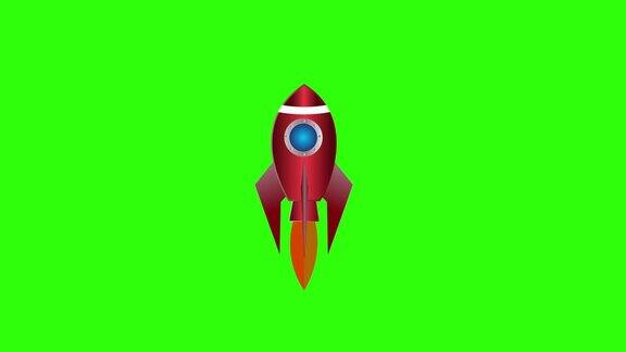 卡通火箭飞船飞行在绿色屏幕的背景孤立的动画