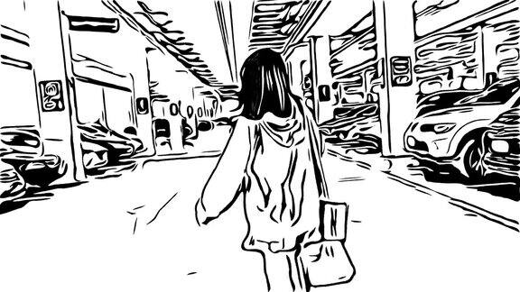 手绘卡通涂鸦风格亚洲少女走在购物袋在停车场