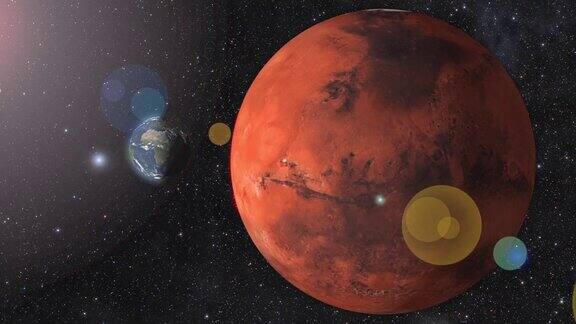 在外层空间旋转的火星和地球三维渲染