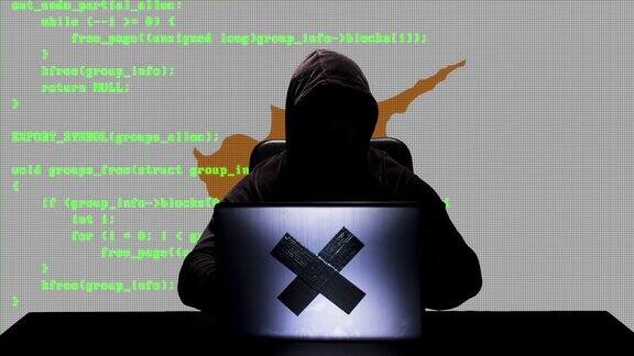无名塞浦路斯人黑客在他的笔记本电脑上输入代码在后台插上塞浦路斯国旗