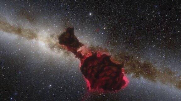 宇宙飞船在太空中靠近红色星云飞行银河系中数十亿颗恒星美丽的星团