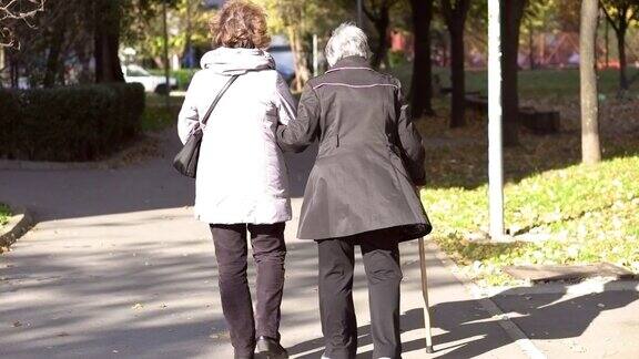 一位老年妇女和一位女性理疗师在户外散步
