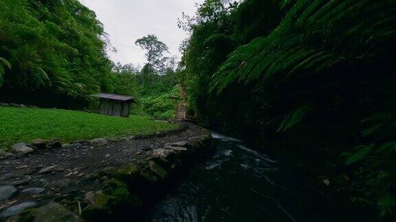 鸟瞰热带河流、池塘、丛林、雨林、木栅栏楼梯