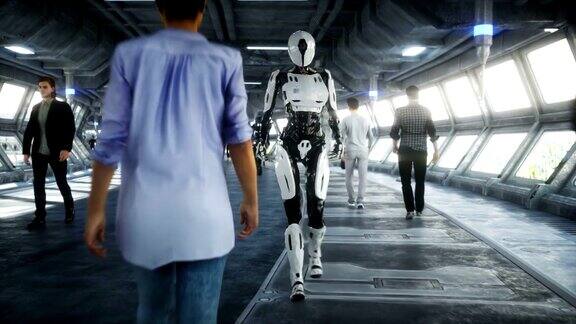 人们和机器人科幻tonnel未来的交通未来现实的4k的动画