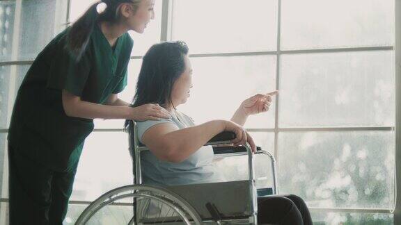 女护士推着轮椅带着一位老年病人看风景