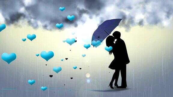 爱的情侣在雨中接吻